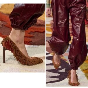 NEW Ulla Johnson Inez Runway Fringe Suede High Heels Mohegan Brown size 8.5
